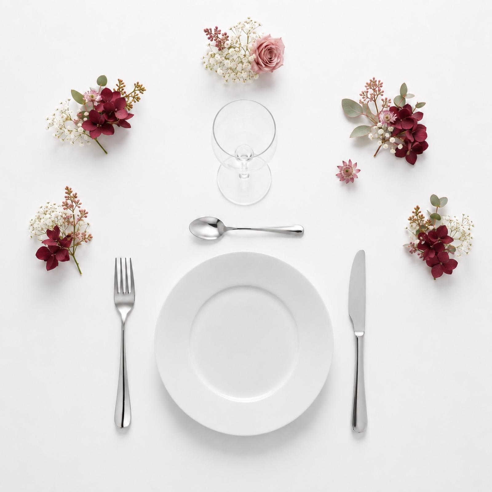 Formule classique : 1 assiette de 26,5 cm, 3 couverts inox 18/0 et verre a pied 24,5cl