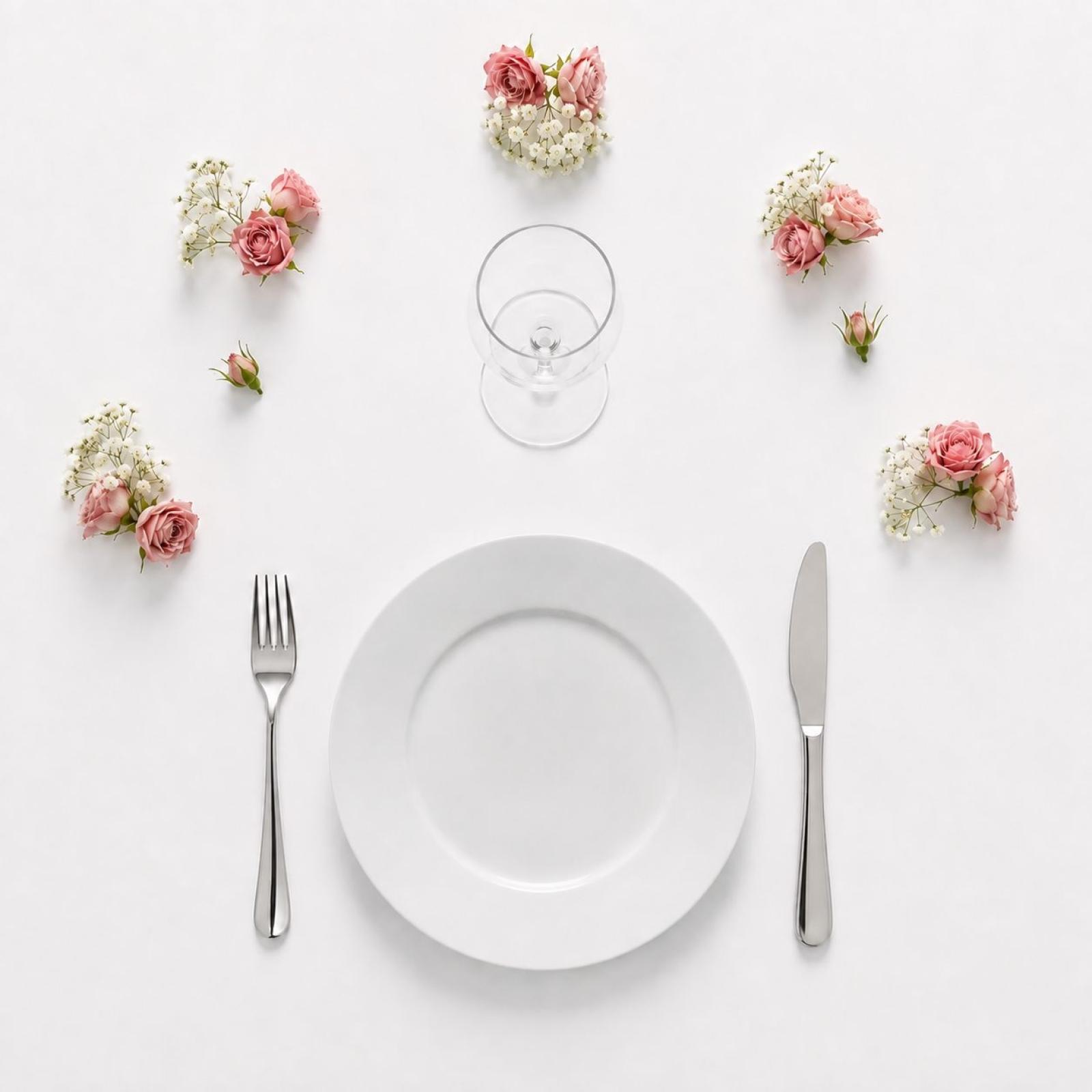Formule essentielle : 1 assiette de 26,5 cm, 2 couverts premium inox 18/0 et verre a pied 24,5cl