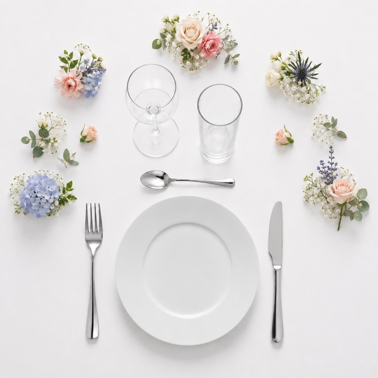 Formule complète : 1 assiette de 26,5 cm, 3 couverts premium inox 18/0, 2 verres